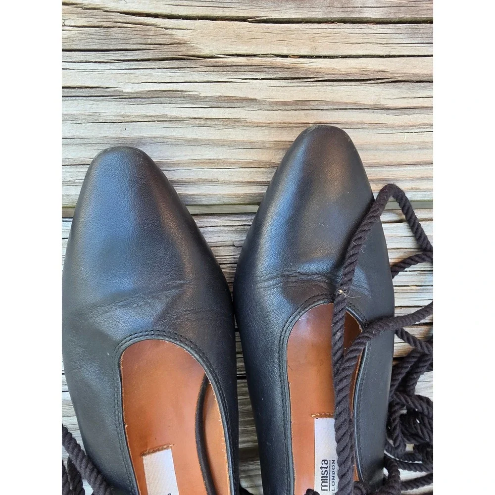 Miista London Black Leather Lace Up Rope Tie Pointed Toe Block Heel Pumps 36